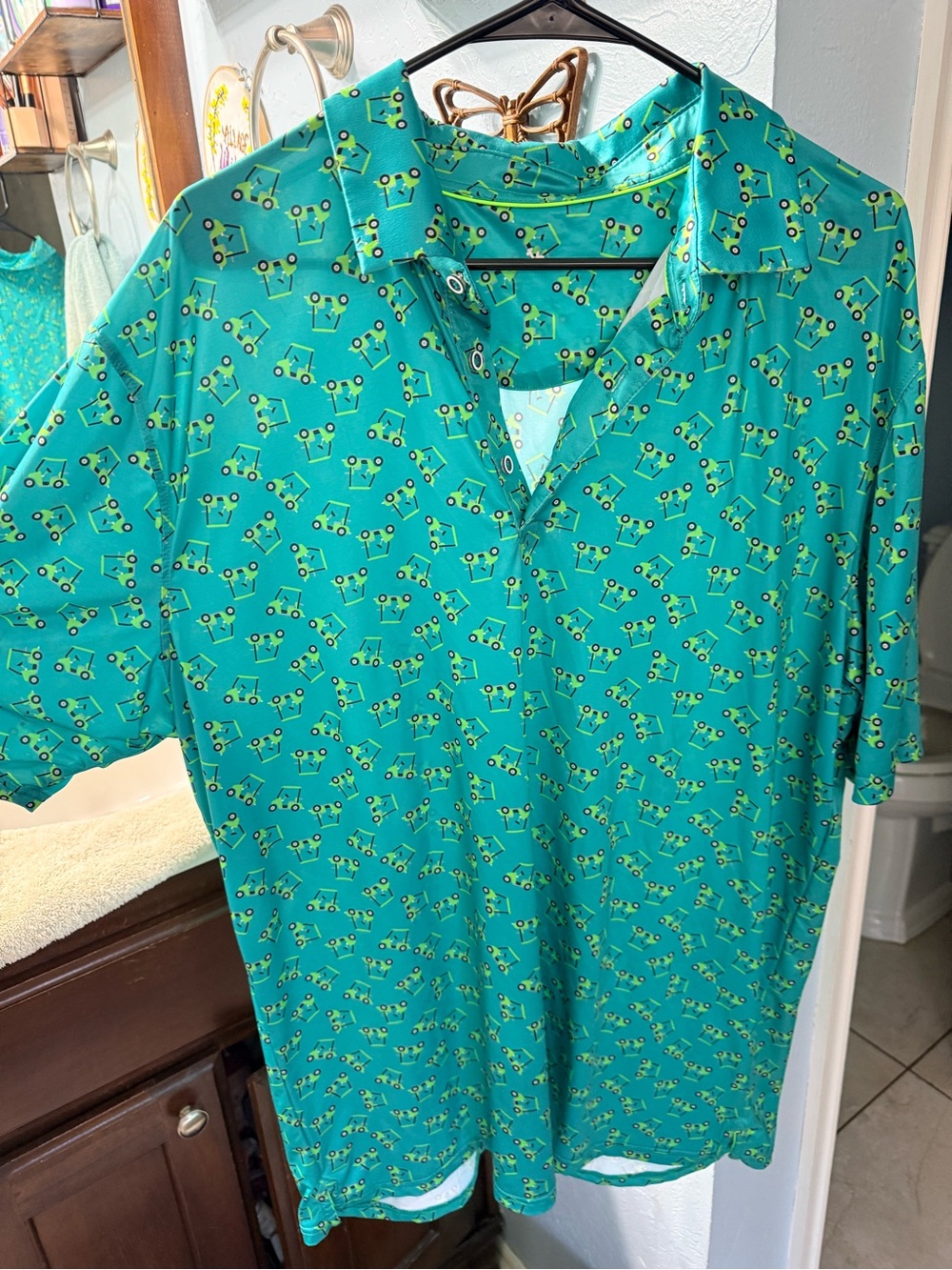 Men's Teal Short-Sleeve Polo with Golf Cart Print